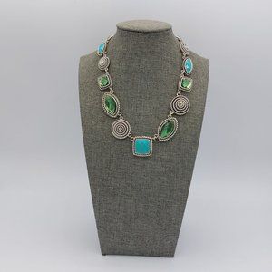 Silver Toned Necklace Blue Green Beads Geometric Shapes 15" + 3" Extender Facete